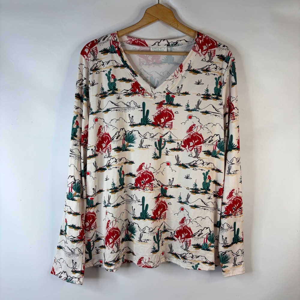 Rolling Ranch Boutique Western Top Women 2X Cream Red Desert Bronco Long Sleeve